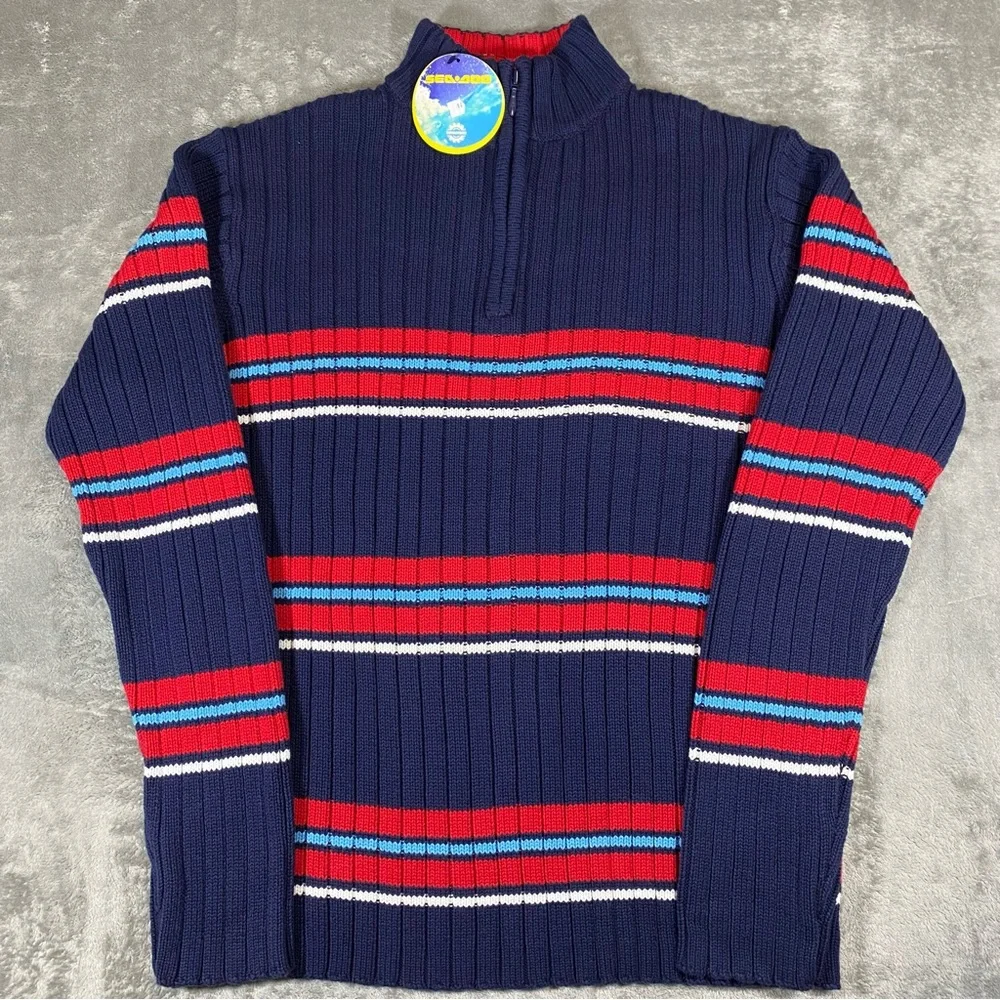 Knit Sweater Men’s Large Chunky Bombardier Key West 1/4 Zip Striped Blue Red - Picture 12 of 13